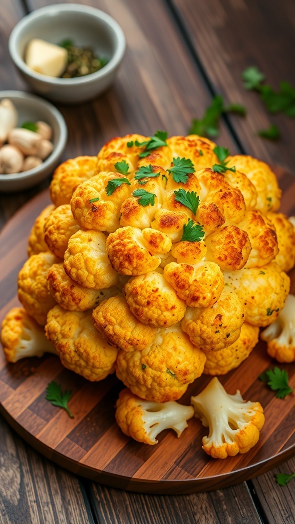 Roasted Cauliflower with Garlic and Herbs Roasted cauliflower with garlic and herbs, garnished with parsley on a wooden table.